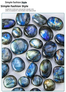 Detailed macro view of polished labradorite stone with vibrant blue and gold flashes