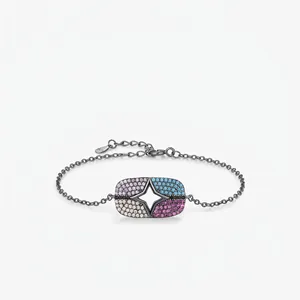 Black Plated 925 Sterling Silver Bracelet Multicolor Cubic Zirconia Hollow Star Rectangular Pendant Jewelry For Women