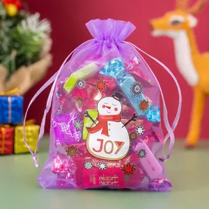 Purple Christmas organza drawstring gift bag with snowman print and joy text for candies