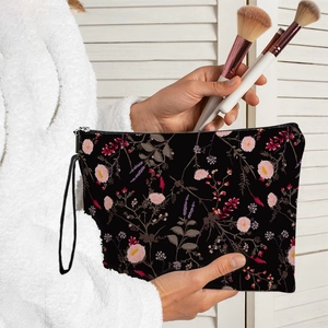 Trousse à maquillage à motif floral avec fermeture éclair et dragonne pratique