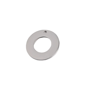 Flat round stainless steel pendant with hole and mirror silver finish on white background