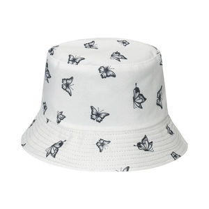 Classic white fisherman hat with black butterfly prints and a flat top sun-shading design