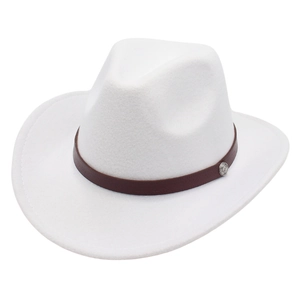 Classic white felt cowboy hat with brown faux leather band and silver buckle
