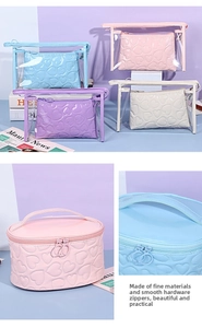 Detail of Y2K heart embossed makeup bag with waterproof fabric and dual metal zippers