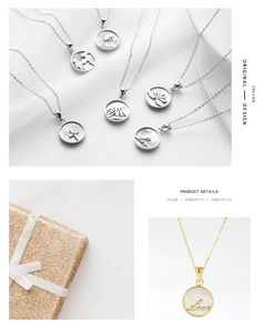 Close-up of gold and silver necklaces featuring shell inlays and engraved round pendants