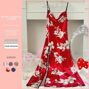 Deep red satin floral nightgown with high side slit for women elegant sleepwear look