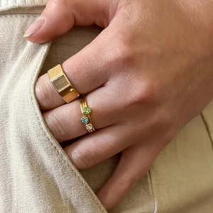 18K gold plated stainless steel ring set featuring green and blue cubic zirconia stones