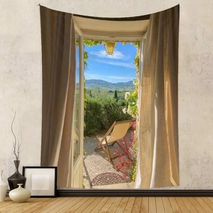 Detail of bohemian tapestry featuring a realistic window view with 3D landscape scenery