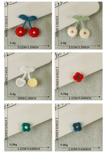 Detailed grid showing cherry and flower embroidery patches with precise size and weight data