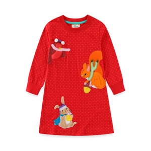 Red long-sleeve toddler dress featuring white polka dots and cute animal appliques