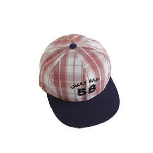 Pink and white checkered kids flat brim baseball cap with Lucky Baby 58 embroidery