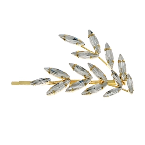 Golden leaf hair clip with marquise cut rhinestones on a white background