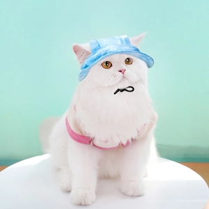 Detail view of light blue pet sun hat with adjustable cord worn by cat on stand