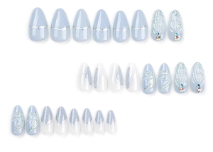 Detail of 24 almond-shaped press-on nails with blue shell design and rhinestones