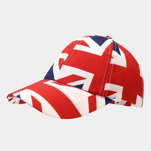 Close-up of kids baseball cap featuring a full British Union Jack flag print design
