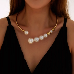 Elegant Faux Artificial Pearl Choker Necklace For Women Gold Alloy Open Cuff Gradient Size Beads Statement Fashion Jewelry