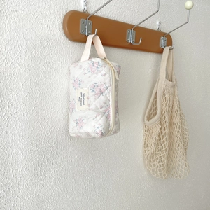 Floral quilted cotton makeup bag with cute kitten prints and webbing handle