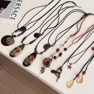 Bohemian Ethnic Long Necklace Alloy Wood Tassel Leather Cord Pendant Retro Fashion Jewelry For Women