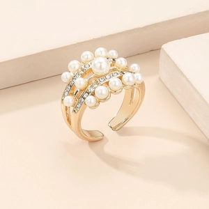 French vintage style adjustable gold-tone ring with pearls and pavé set crystals