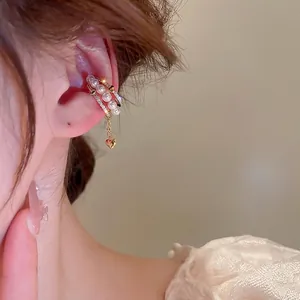 Gold Plated Heart Pendant Multi Layer Ear Cuff Clip Earrings With Copper Zircon And White Artificial Pearl Women No Piercing