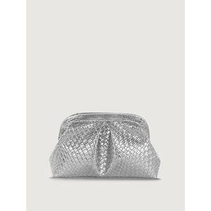 Detailed close-up of the silver woven leather texture on a pleated dumpling clutch bag