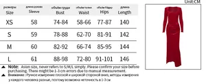 Size chart for elegant velvet long sleeve dress showing XS to L measurements in CM