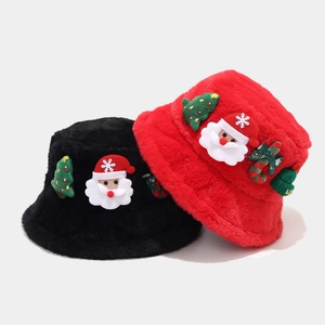 Christmas plush bucket hat with Santa Claus and tree decorations in red and black