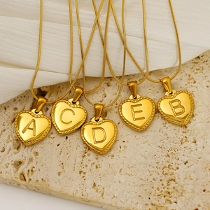 Heart Initial Necklace 18K Gold Plated 304 Stainless Steel Pendant Relief Letter Jewelry With Snake Chain For Women