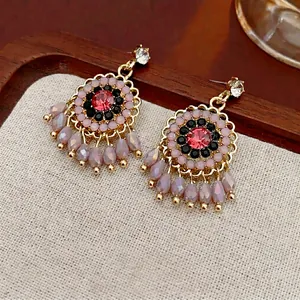 Ethnic vintage drop earrings with red crystal and lavender teardrop beads for women