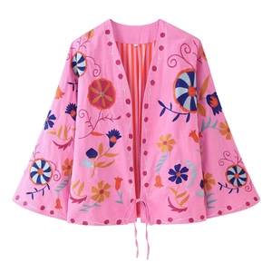 Pink cotton linen cardigan for women with bohemian floral embroidery and tie closure