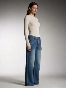 Women's vintage washed high waisted wide leg blue jeans with white slim fit knit top