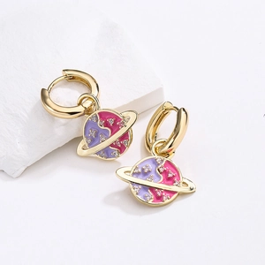 18K gold plated earth planet earrings with pink and purple enamel and sparkling crystals