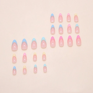 24pcs almond press on nails with macaron blue pink and yellow French tips design