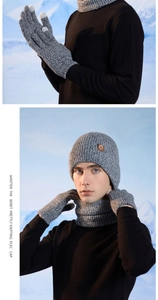Close-up detail of gray knit hat, neck warmer and touchscreen gloves set for winter