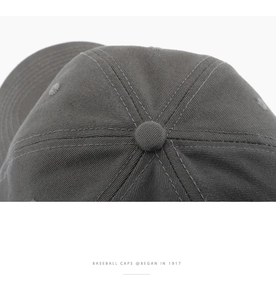 Detail of the crown button and hexagonal stitching on a charcoal grey cotton baseball cap