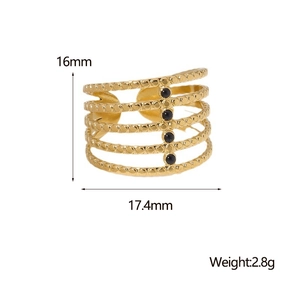 18K gold plated multi-layer open ring with black beads and 16mm height dimensions