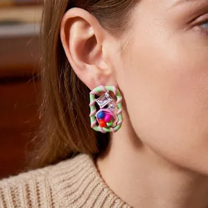 Vintage style square geometric earrings with colorful beads and clear crystal inlay