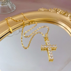 Luxurious gold-plated titanium cross pendant necklace with sparkling pavé zircons