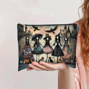 Detail of canvas pouch with Gothic Halloween girl prints and silver metal zipper