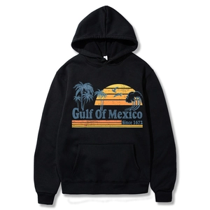 Gulf Of Mexico Retro Beach Print Hoodie Men Long Sleeve Drawstring Kangaroo Pocket Polyester Sweatshirt Casual