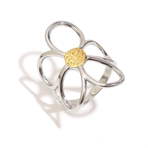 Retro 18K gold plated stainless steel open ring with two-tone floral design for women
