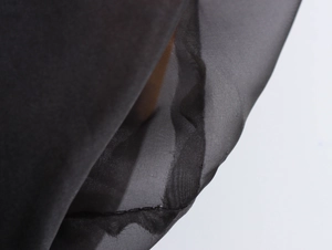 Détail macro de la texture du tissu en maille noire sur la robe en organza
