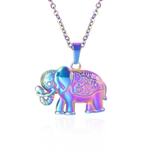 Detailed close-up of rainbow plated stainless steel elephant pendant with floral engraving