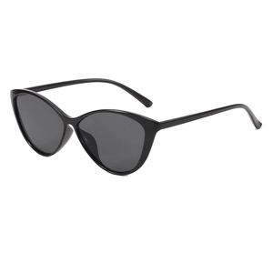 Fashionable black triangle cat-eye sunglasses with gray lenses at a 45-degree angle