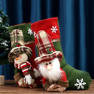 Christmas Stockings 3D Santa Snowman Reindeer Plaid Hat Felt Burlap Holiday Hanging Decorations Candy Gift Bag