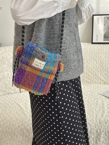 Colorful checkered plush crossbody bag with rope strap for women fashion casual look