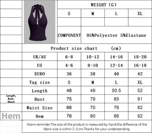 Size chart for halter neck crop top with detailed bust, waist, and hem measurements