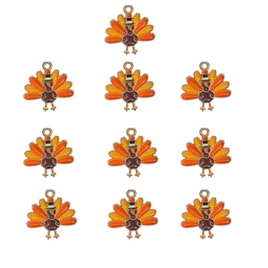 Detailed set of 10 metal enamel turkey charms for Thanksgiving jewelry making