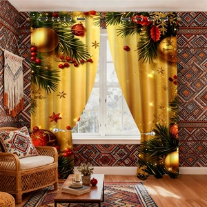 Festive Christmas blackout eyelet curtains with gold ornaments and pine needles