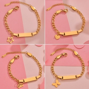 Golden stainless steel chain bracelets with star, heart, crown, and butterfly charms